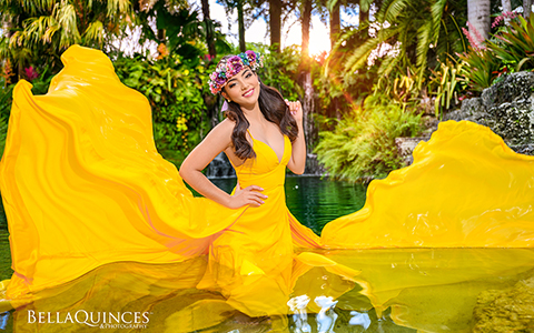 bella-quinces-villa blanca-yellow-dress-waterfall